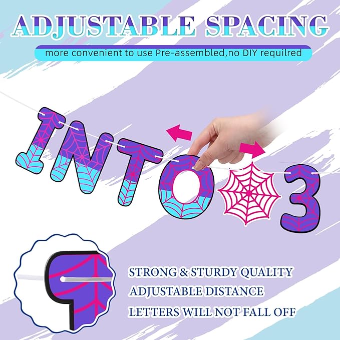 TaoBary Spider Theme 3rd Birthday Banner, Pre-strung Swinging into 3 Banner, Spider 3rd Birthday Decorations Party Supplies for Kids, Third Decor for 3 Year Old Boys Girls(Pink and Purple)