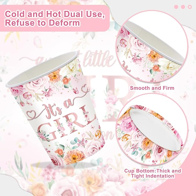 120Pcs Floral Baby Shower Decorations Pink Floral Baby Shower Party Supplies Baby Shower Plates and Cups and Napkins Sets Serve 20