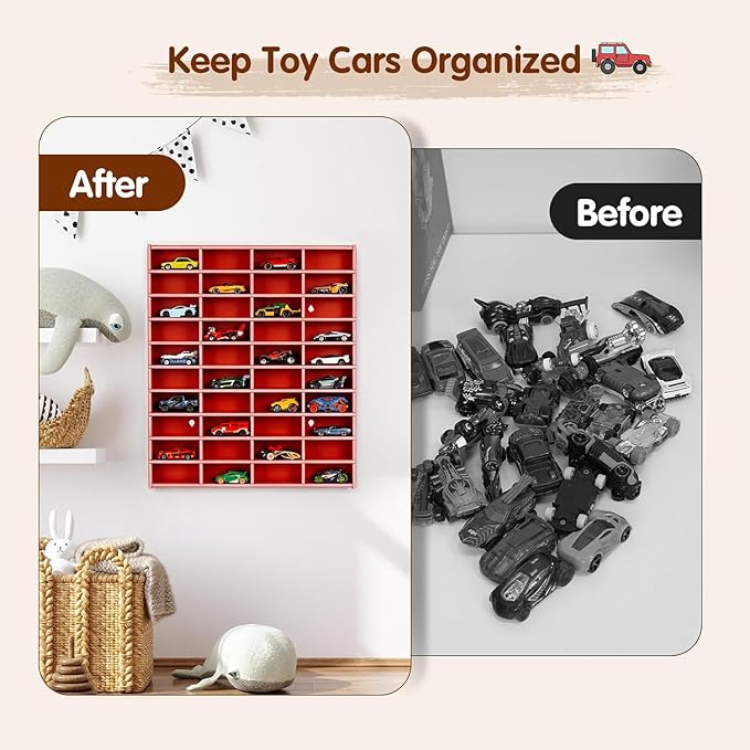 Toy Car Display Shelf, Holds 40 Diecast 1/64 Toys Car, Wall Mount Model Cars Storage Organize Case (red 1/64 Toy Car Display Shelf)