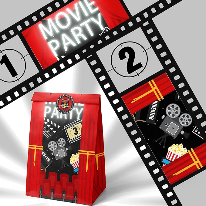 HaPiBiDesign Movie Night Party Favor Bags - 24 Pcs Candy Bags with Stickers - Themed Birthday Party Supplies