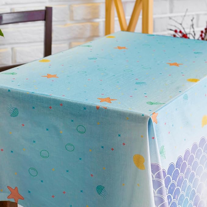 Mermaid Tablecloth 54×108 in, Under The Sea Plastic Table Cloth, Ocean Table Cover with Colorful Fish Scales, Starfish and Seashell, Disposable Plastic Party Tables Decor