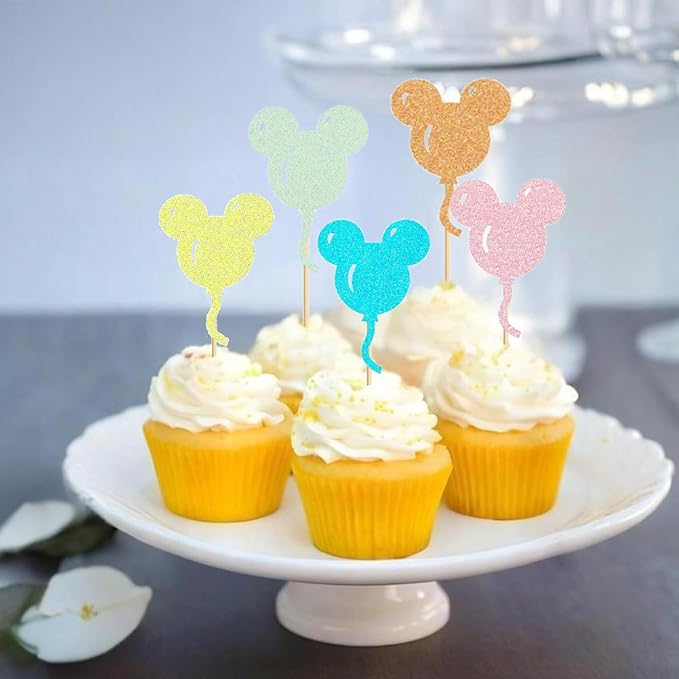 30 Pcs Mouse Inspired Cupcake Toppers Glitter Multiple Colors Mouse Balloon Cake Toppers Decorations for Baby Shower Kids Birthday Party Wedding Anniversary Party Supplies