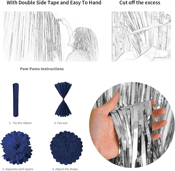 Blue and Silver Birthday Decorations for Men Boys, Navy Royal Blue Silver Party Balloons Happy Birthday Banner Pom Poms Fringe Curtain for Bday Party Supplies