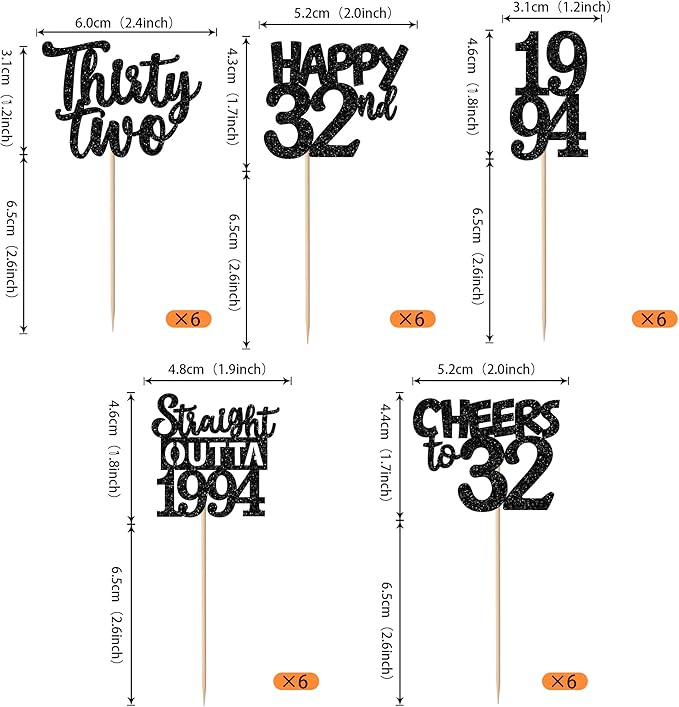30PCS Black 32nd Birthday Cupcake Toppers Glitter Thirty Two Happy 32nd Straight Outta 1994 Cupcake Picks for Cheers to 32 Years Birthday Wedding Anniversary Party Cake Decorations Supplies