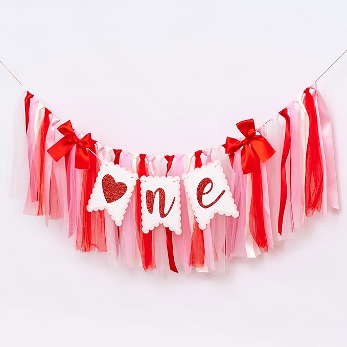 Valentine's Day One High Chair Banner - Valentine's Day Themed First Birthday Party Decoration Supplies Banner, Sweet 1st Birthday Party Banner, Sweetheart Sign Anniversary Milestone Celebration Highchair Banner