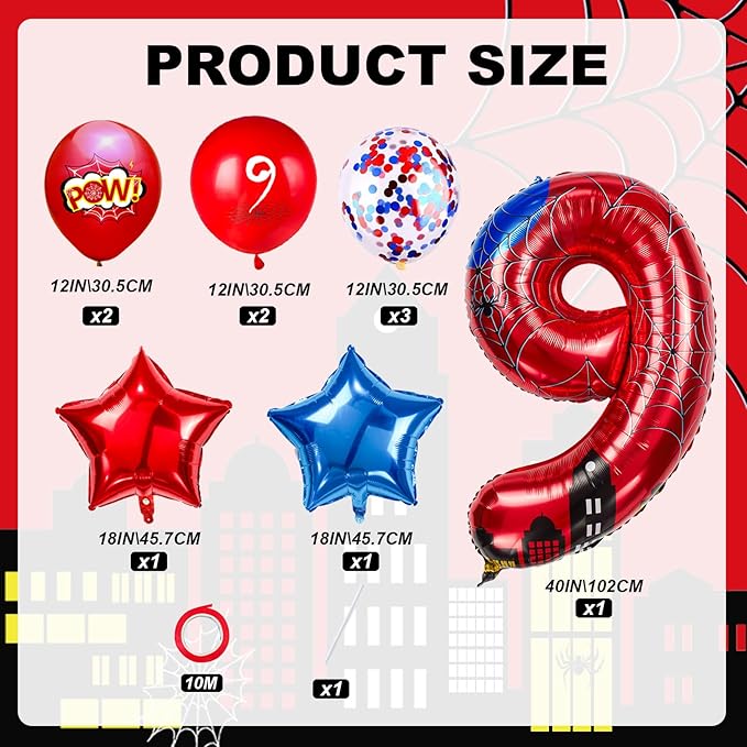 Cartoon Hero 40 Inch Red and Blue Spider Theme Number Foil Birthday Decoration Balloons, Cartoon Party Birthday Supplies, Number Balloons for Spider Theme Party (9)