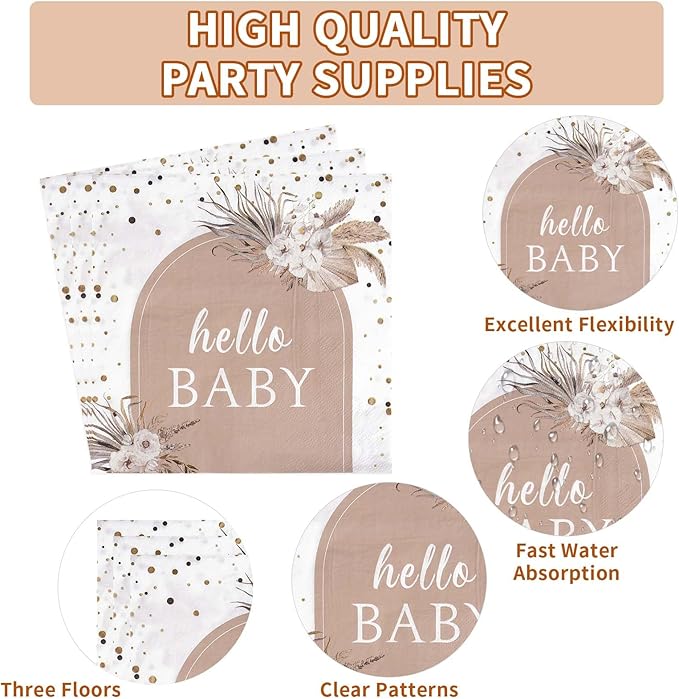 96pcs Boho Baby Shower Party Decorations Boho Hello Baby Girl Pink Floral Plates and Napkins A Sweet Little Girl is on The Way Decorations for Girls Spring Flowers Bohemain Birthday Supplies Serves 24
