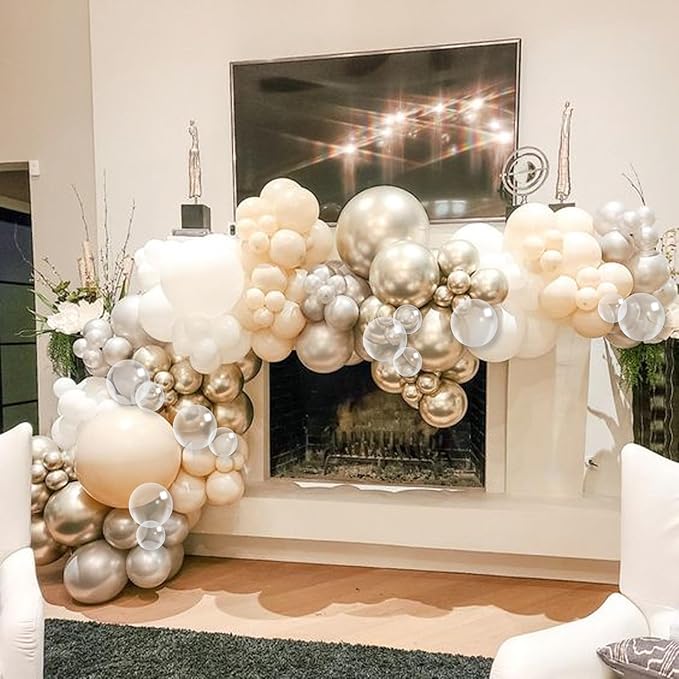 Beige White Gold Balloons,12 Inchs Sand White Metallic Champagne Clear Bride Balloons for Girls Wedding Anniversary Bachelorette Party Boho Bridal Shower Birthday Decorations