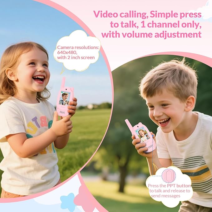 Video Walkie Talkies for Kids,Handheld Rechargeable Video Intercom Kids Walkies Talkies,for Family Games,Outside,Camping,Hiking for Children Aged 3+（Pink+Pink）