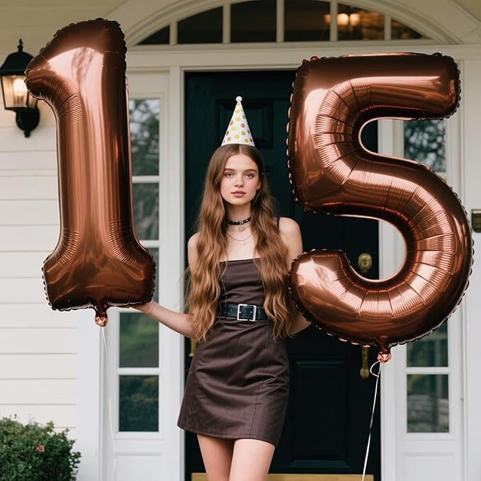 40 Inch Dark Brown Balloon Number 15,Chocolate Jumbo Mylar Foil Helium Balloon for 15th Digital Balloons for Birthday Party,Wedding Anniversary Party Decorations