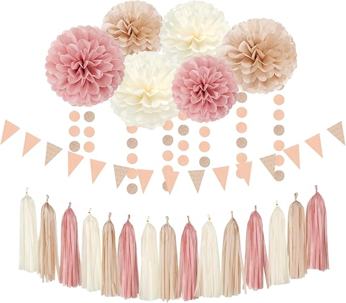 Pink Champagne-Peach Rose-Gold Boho Party Decorations - 23pcs Women Girls Birthday Tissue Pom Poms Streamers,Baby Bridal Shower Tassel Garland Banner,Rustic Wedding Graduation Decor Backdrop Ouruola
