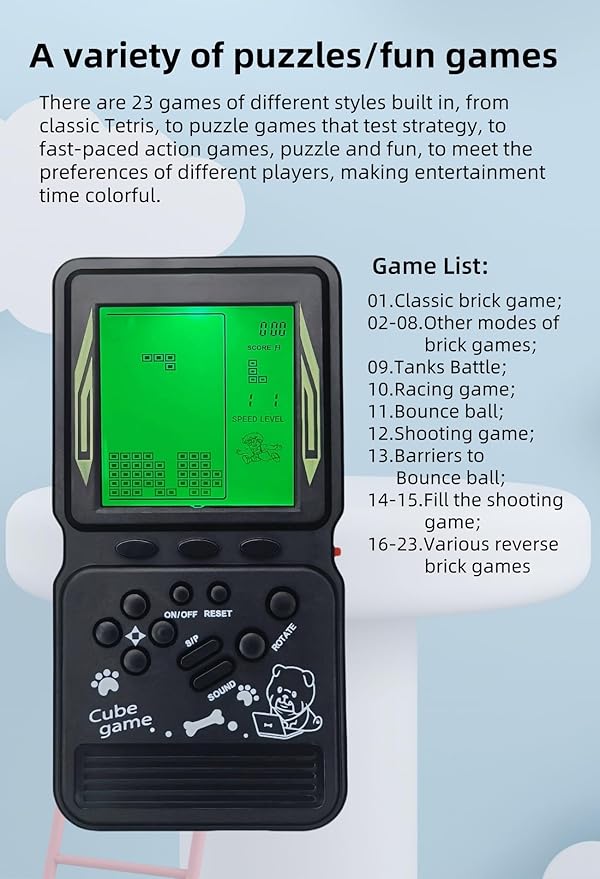 Electronic Cube Game Console Built-in 23 Block Games Thousands of Modes Green Backlight Adjustable Difficulty/Speed Handheld Puzzle Game Retro Toy for Children/Adults (Black)