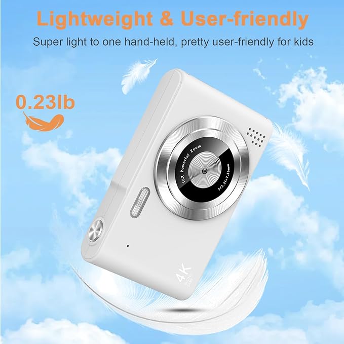 aycy Point and Shoot Digital Camera for Kids, UHD 4K 48MP with 64GB SD Card and 16X Digital Zoom Anti Shake, Compact Portable Small Gift for Students, Ivory White