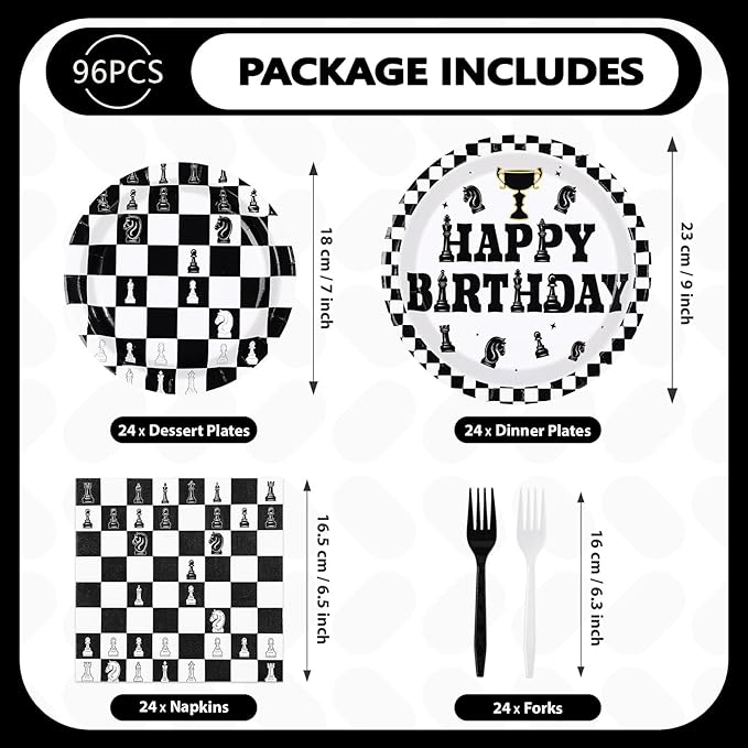 96Pcs Chess Happy Birthday Party Supplies Black and White Checkered Plates and Napkins Disposable Chessboard Game Tableware Set for Chess Player Birthday Party Decorations, Serves 24