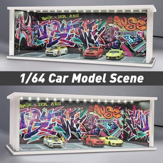 1/64 Model Car Display Case Diecast Diorama Garage，Simulated Parking Lot Model Miniature Scene Parking Lot PVC Assembly with Light Parking Space Model Display Frame Toy Display Box (Red)