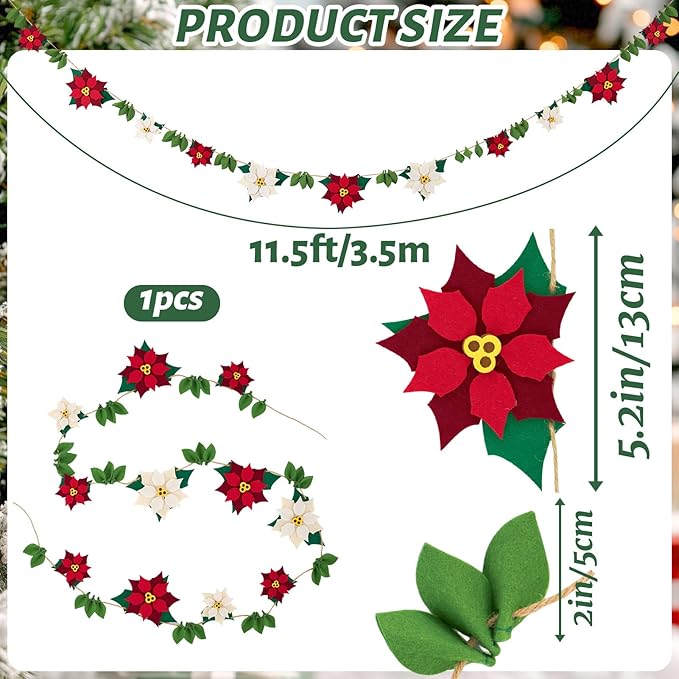 PAPER JAZZ Christmas Poinsettia Garland with White Red Artificial Flowers,11.4ft Velvet Artificial Poinsettia Garland,Christmas Decorations with Holly Leaves for Fireplace Door Wall Window Tree Yard.