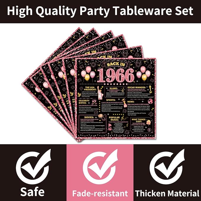 96Pcs 60th Birthday Decorations Women Tableware Set Rose Gold Back in 1966 Paper Plates Napkins Forks Cheers to 60 Years Disposable Tableware Decor for 60th Bday Theme Party Favor Serve 24 Guests