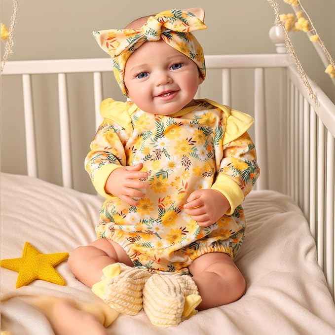 BABESIDE 3 Pcs Reborn Baby Doll Clothes for 17-22 Inch Babydolls, Floral Pattern Babydoll Clothes with Shoes and Headband for Lifelike Reborn Baby Dolls Accessories, Yellow