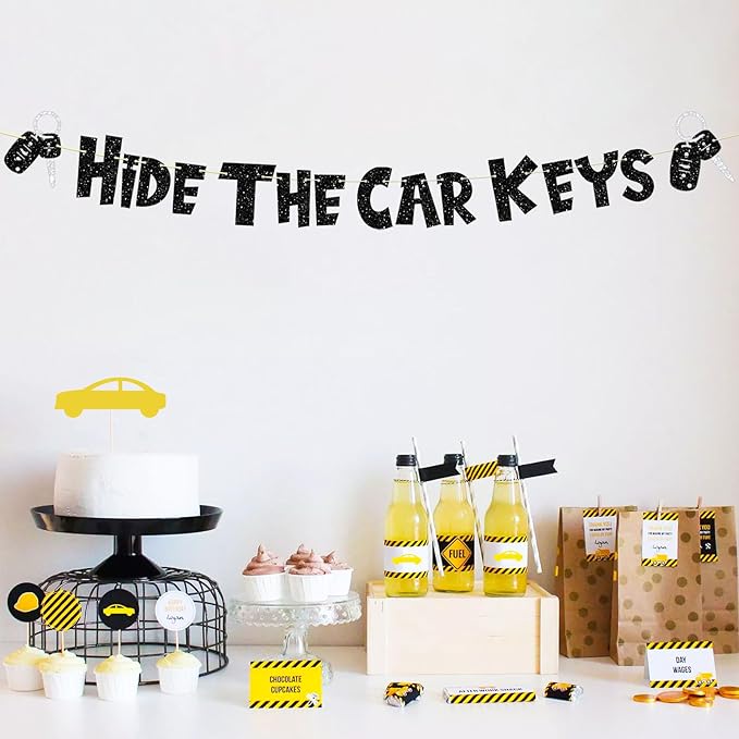 Pre-Strung Funny Birthday Decorations, NO DIY Glitter Hide The Car Keys Banner, 15th and 16th Car Theme Party Supplies, Sweet Sixteen 16 Year Old Birthday Gifts Ideas