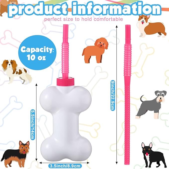 Eaasty 24 Pcs Dog Bone Cups with Straws and Lids 10oz Plastic Reusable Dog Bone Shaped Puppy Cups Set for Kids Birthday Party Gifts