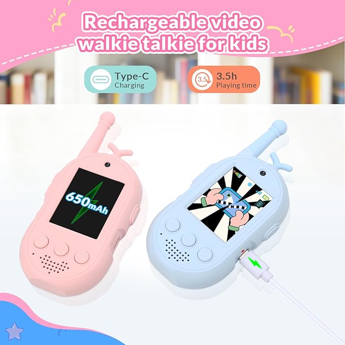 Video Walkie Talkies for Kids, 2 Pack Kids Walkie Talkies Rechargeable, Voice Changer & Sticker Effect,Long Range Toys for Family Games, Outdoor Camping, Gifts for Boys and Girls Ages 3-12