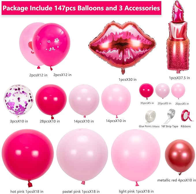 147pcs Pink Balloon Garland Arch Kit for Girls Birthday Party Supplies Set Red Lips and Lipstick Foil Mylar Kiss Balloons for Makeup Valentines Wedding Backdrop Decor