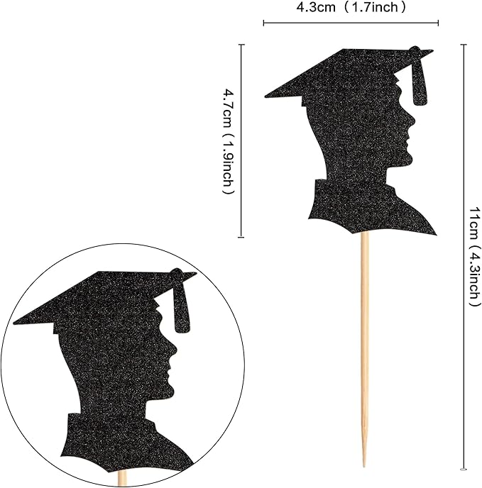 24pcs 2026 Black Male Student Graduation Cupcake Toppers Boys Graduate Silhouette Cupcake Picks 2026 Students Graduation Theme Party Cake Decorations Supplies
