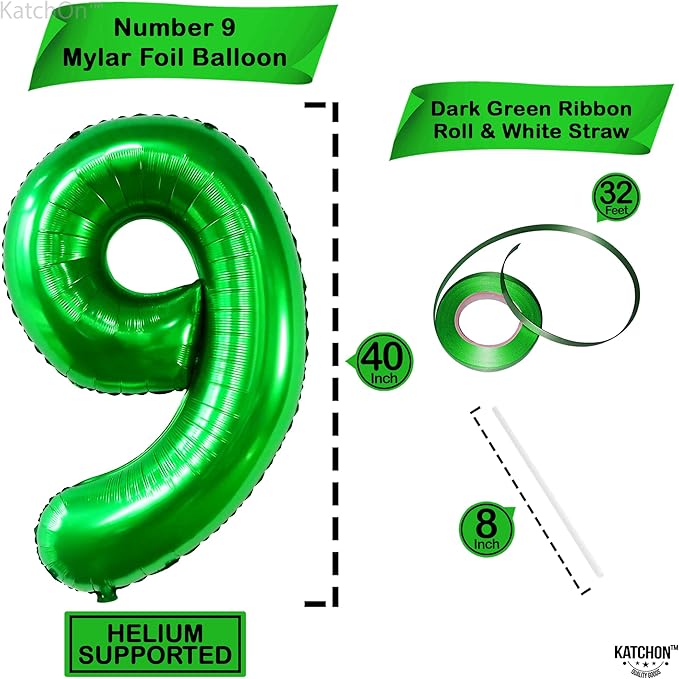KatchOn, Giant Dark Green Number 9 Balloon - 40 Inch | | Foil 9 Birthday Balloon for 9th Birthday Decorations | 9th Anniversary Decoration | Green Party Decoration