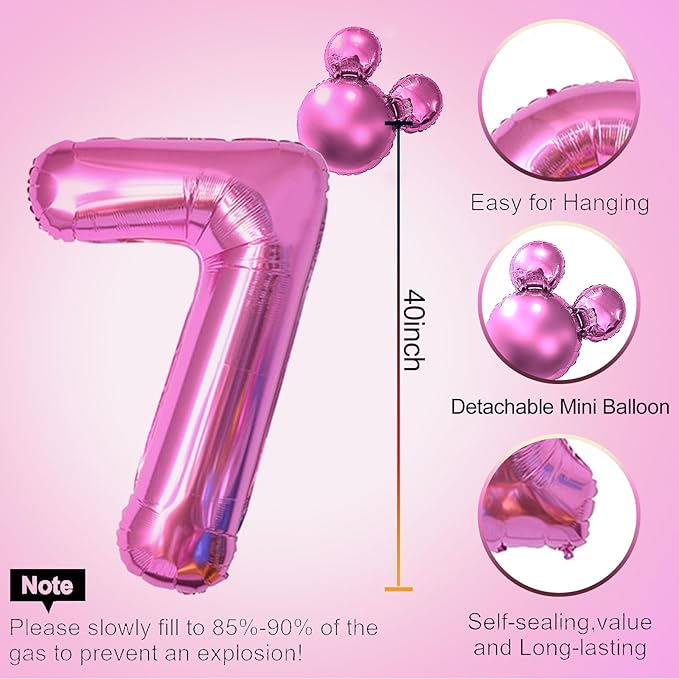 HIBILDER 40 inch Hot Pink Number 7 Balloon & Mini Mouse Head Balloon, 7th Birthday Party Decoration Balloons, Cartoon Mouse Birthday Party Supplies, Princess Birthday Party Decorations Supplies