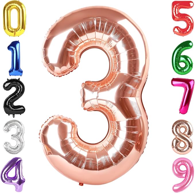 40 Inch Rose Gold Number 3 Balloon, Giant 3 Number Balloons for 3rd Birthday Decorations, Party Supplies for Baby Boy Girl, Rose Gold Party Decor