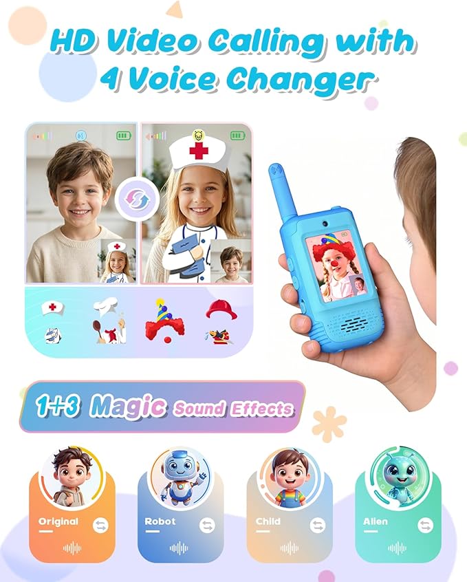 Video Walkie Talkies for Kids, Christmas Birthday Gifts Toys for Boys 3 4 5 6 7 8 Age, Kids Intercom with Video & 3 Voice Effects，Indoor Outdoor Toys Backyard, Camping, Hiking (Blue)