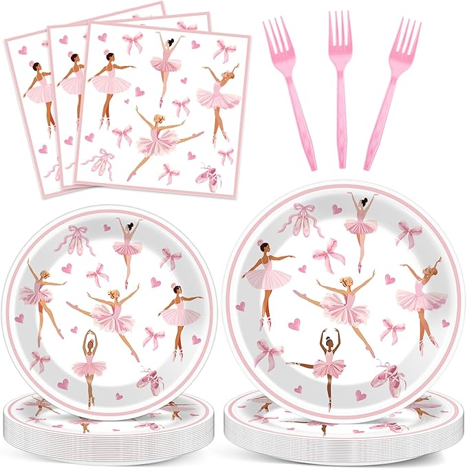 96PCS Ballerina Birthday Party Paper Plates and Napkins Set Ballet Party Paper Plates Disposable Decor Ballerina Girl Theme Parties Set for Kids Dancing Girls Ballet Birthday Decorations