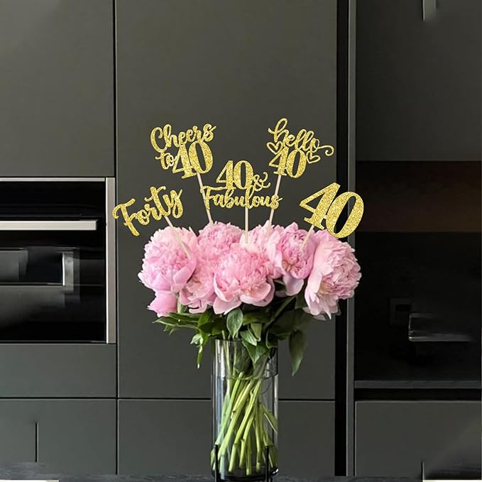 15PCS Happy 40th Birthday Centerpiece Sticks Hello 40 Fabulous Table Flower Centerpieces Sticks Forty Cheers to 40 Years Floral Decoration for Happy 40th Birthday Party Centerpieces Sticks Gold