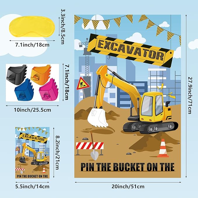 Hxezoc Pin The Bucket on The Excavator Game With 32 Pcs Buckets Large Construction Party Games Poster for Kids Birthday Party Construction Party Supplies
