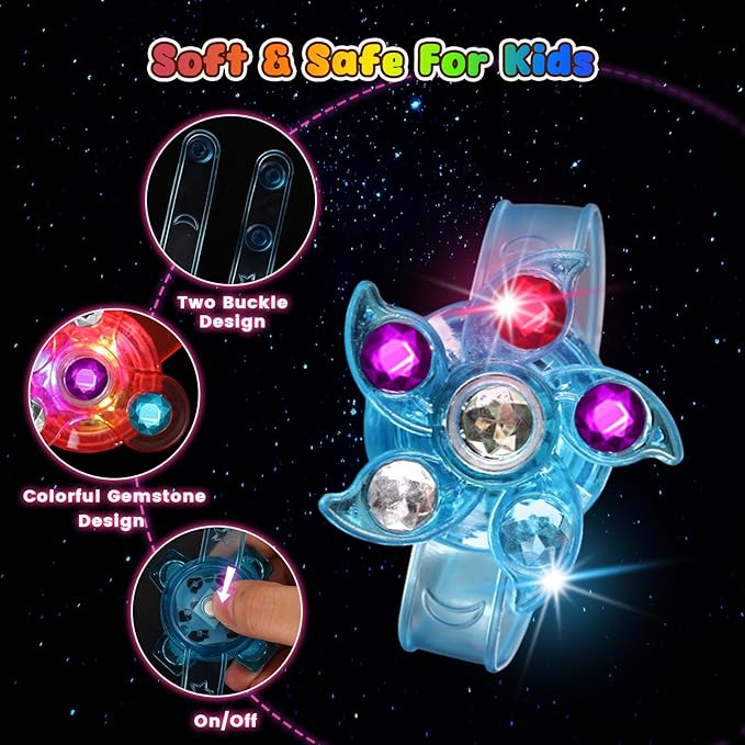 LovesTown 24 Pack LED Light Up Fidget Spinner Bracelets for Kids Ages 3-12, 6 Styles Party Favors Pack, Stocking Stuffers Easter Birthday Goodie Bags, Party Size