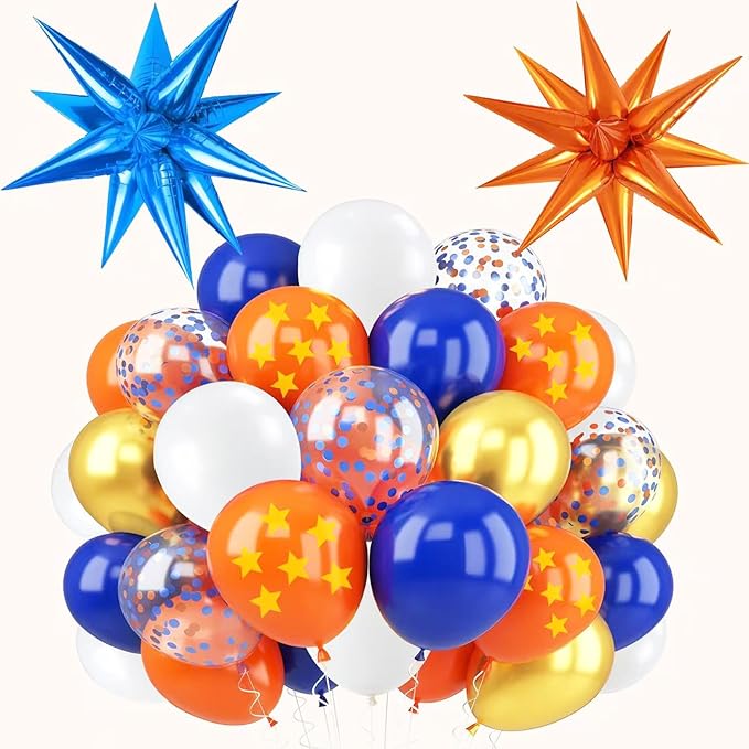 Blue Orange Gold Balloon 64Pcs 12 Inch，Pentagram Print Balloons for Cartoon Themed Birthday Party Decorations Boys Girls Gatherings Party Supplies