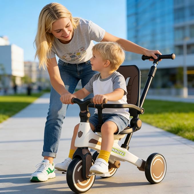 Winhope Kids Tricycle, 6 in 1 Baby's Tricycle Toddler Trike with Adjustable Push Handle, Reversible Seat and Canopy, Baby Stroller for 1-6 Year Olds, Suitable for Outdoor Activities(Coffee)