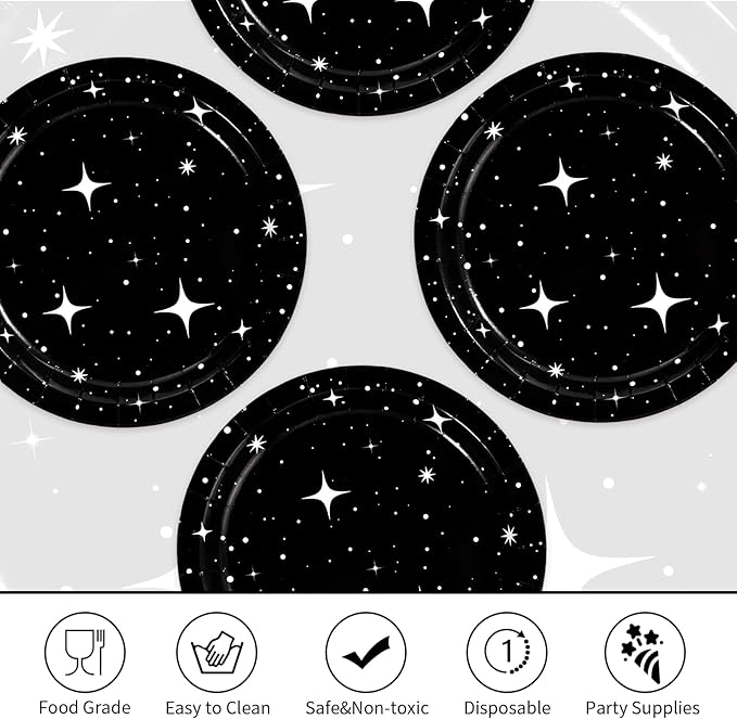 50Pcs Black Stars Paper Plates 9 Inch Space Galaxy Theme Party Disposable Plates Spaces Galaxy Birthday Decorations for Mens Boys Game Night Star Party Supplies Dinner Table Decor