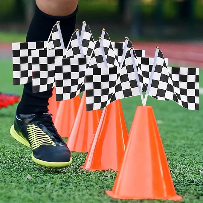 Traffic Cones with Racing Checkered Flags-6 Traffic Cones With Hole on Top, 12 Checkered Flags, Race Car Birthday Party Supplies, Table Centerpiece Decorations, Kids Gift (18PCS)