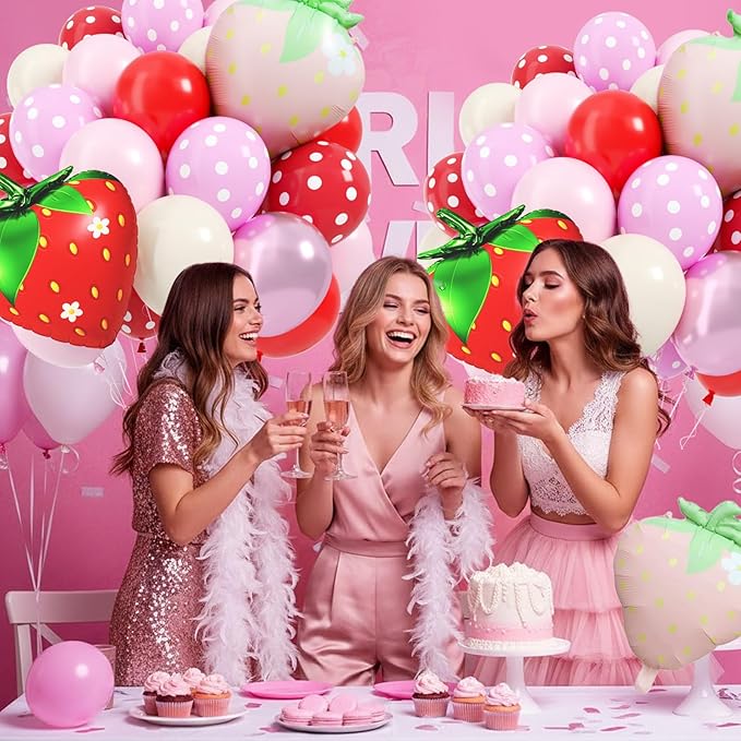 Strawberry Balloon, 12 Inch Strawberry's Party Decorations with Red Pink Ivory White Polka Dots Balloons Strawberry Foil Balloon for Sweet One Berry First Birthday Cake Party Supplies