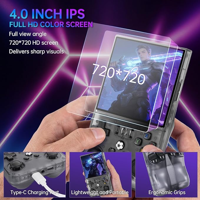 R36MAX Retro Handheld Game Console, 4.0 inch IPS HD Screen Retro Game Console with 4000mAh Battery, Portable Video Gaming Console with 64GB TF Card, Open Source Linux System, Support 30+ Emulators
