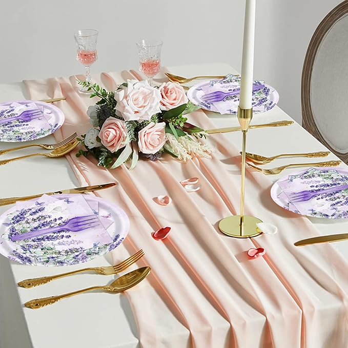 96Pcs Purple Party Supplies Lavender Paper Plates Napkins Watercolor Blooming Floral Cake Dessert Butterfly Birthday Floral Tableware for Birthday Wedding Picnic Baby Shower Decorations | 24 Guests