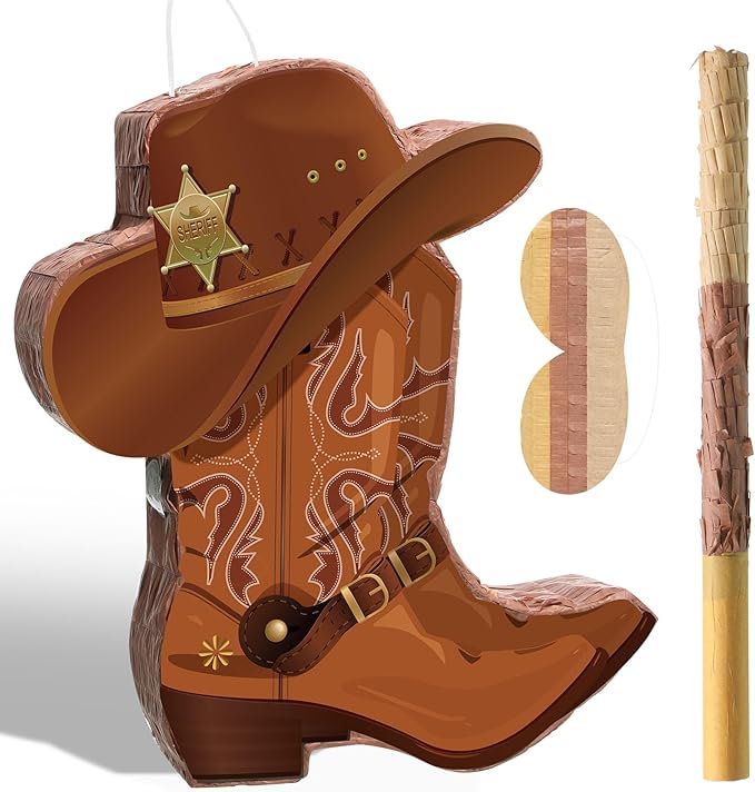 Pajean 3 Pcs Cowboy Boot Piñata Set Western Country Party Decorations Cowboy Hat Piñata with Stick Eye Mask for Boys Wild West Rodeos Birthday Baby Shower School Sports Events Gatherings Supplies