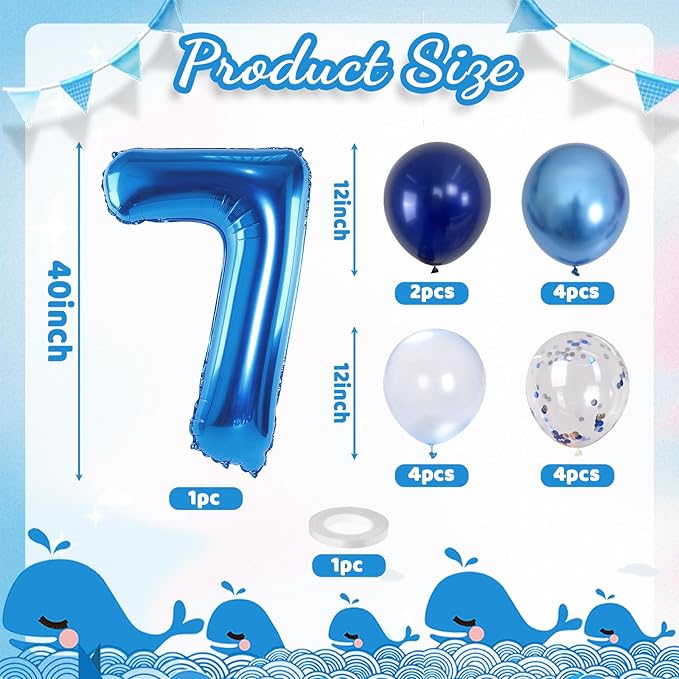 7 Balloon Number Dark Blue, Big Number 7 Mylar Balloon Pastel Navy Blue with Metallic Silver Confetti Balloon for Boys 7th Birthday, Foil 40'' Self Inflating Balloon 7 for Anniversary Party Decoration