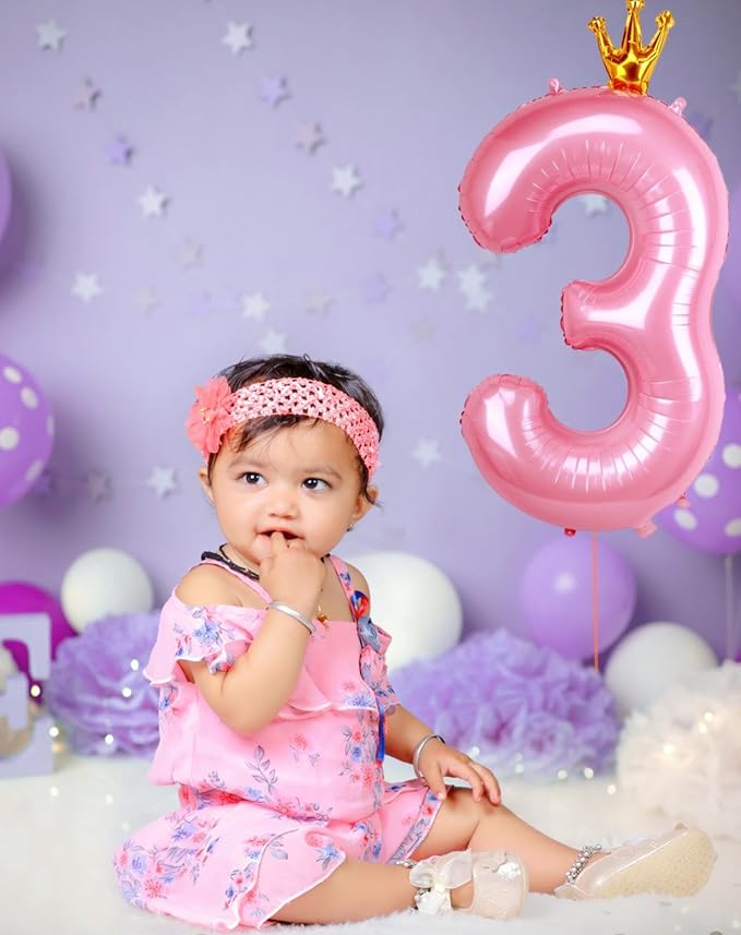 40 Inch Crown Pink Number 3 Balloon, Big Conjoined Baby Pink Foil Mylar Helium 3 Balloon for Girls 3rd Birthday Party Decorations Princess Theme Party Decorations Supplies Anniversary Decor