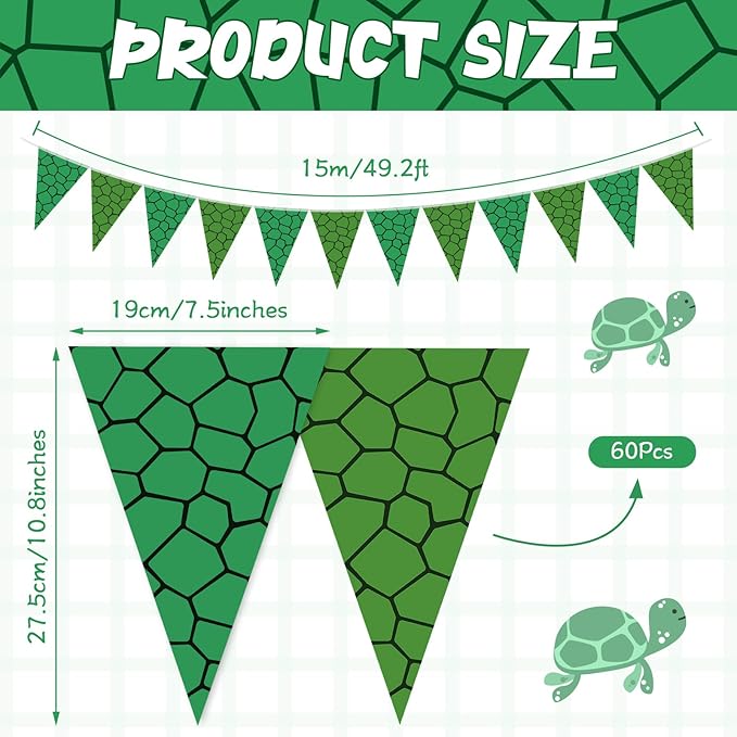 Tiamon 5 Pcs Green Turtle Birthday Banner Decoration Sea Turtle Themed Pennant Bunting 49.2 Ft Green Teenage Mutant Turtles Triangle Flag for Kids Birthday Teenager Cartoon Party Decoration