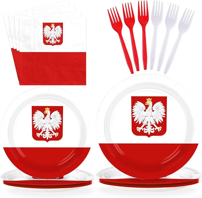96Pcs Poland Flag Party Decorations National Country Decoration Poland National Day Plates and Napkins Tableware Set for Polish Red and White Patriotic Festival Party Supplies，Serves 24