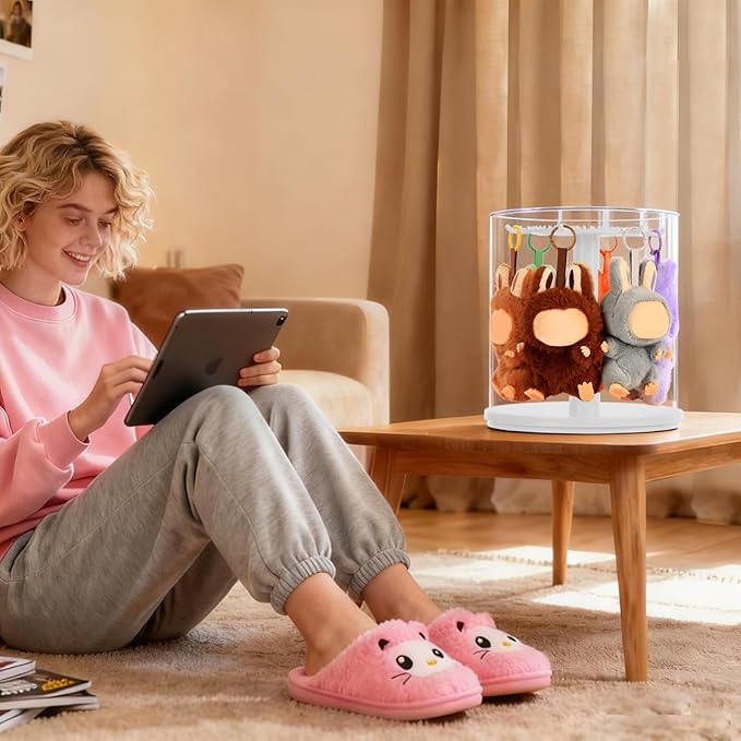 Rotating Acrylic Display Case with LED Lights for Figures & Collectibles – 6.7 Inch Dustproof Showcase for Labubu, Art Toys, Mini Figures & Blind Box Dolls (White)