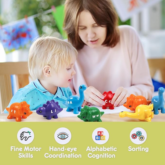 26pcs Alphabet Dinosaurs Matching Toy, Toddlers ABC Learning Dinosaurs with Uppercase Lowercase, Match and Snap Fine Motor Game Preschool Learning Activities, Birthday Gifts for Boys & Girls