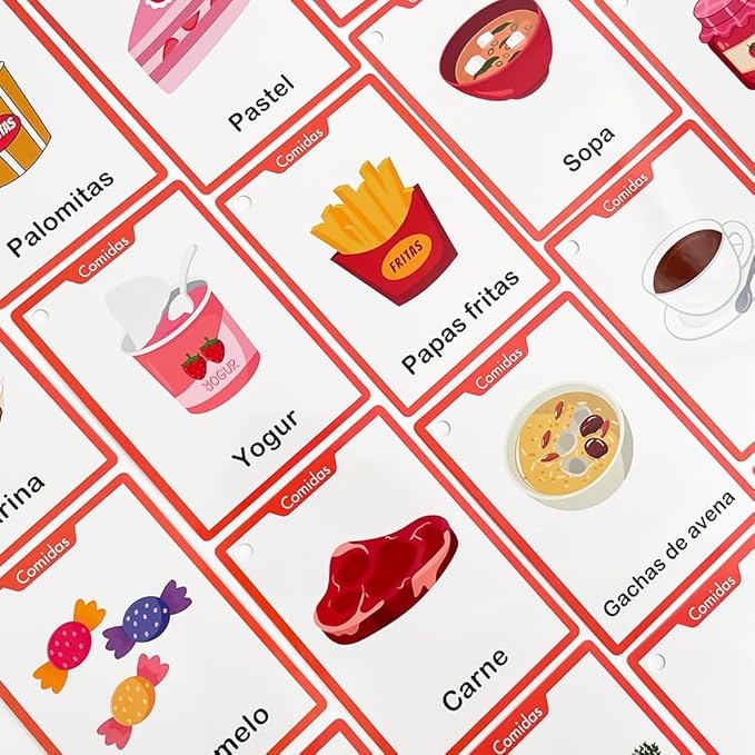 Comidas Spanish Foods Vocabulary Flash Cards, Language Learning Classroom Supplies, Words Cognitive Cards for Preschool Kindergarten, Homeschool Teaching Aids